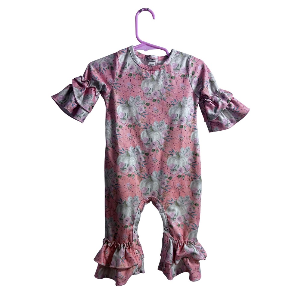 Clover Cottage Romper 12-18M Pink Pumpkin Floral Ruffle Bell Sleeve Baby Girl